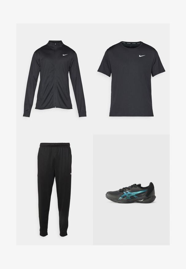 Sort atletisk jakke med lange ærmer, krave og fuld lynlås. Har et diskret Nike-logo i hvidt på den øverste venstre side af brystet. Glat tekstur.; Sort Nike løbe T-shirt lavet af let, åndbart materiale, med korte ærmer og et lille hvidt logo på brystet.; Sorte atletiske bukser lavet af glat stof, med elastisk talje, smalnende ben og et lille hvidt logo på venstre side.; ASICS SOLUTION SPEED FF 3 - Tennissko til multicourt - black/prism blue