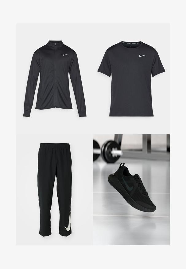 Sort atletisk jakke med lange ærmer, krave og fuld lynlås. Har et diskret Nike-logo i hvidt på den øverste venstre side af brystet. Glat tekstur.; Sort Nike løbe T-shirt lavet af let, åndbart materiale, med korte ærmer og et lille hvidt logo på brystet.; Sorte træningsbukser med elastisk talje, der taper ind, og har et stort hvidt Nike-logo på venstre ben. Blødt, letvægtsstof.; Sort atletiksko med en tekstureret mesh-overdel, gummisål og en fremtrædende mørk swoosh-logo. Har en polstret krave og snørelukning.