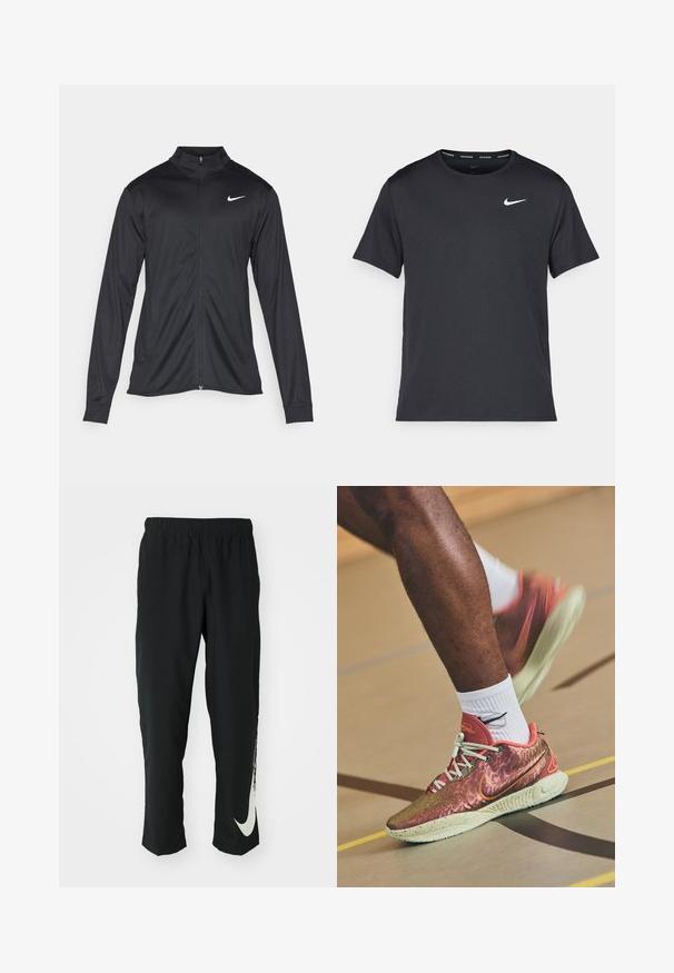 Sort atletisk jakke med lange ærmer, krave og fuld lynlås. Har et diskret Nike-logo i hvidt på den øverste venstre side af brystet. Glat tekstur.; Sort Nike løbe T-shirt lavet af let, åndbart materiale, med korte ærmer og et lille hvidt logo på brystet.; Sorte træningsbukser med elastisk talje, der taper ind, og har et stort hvidt Nike-logo på venstre ben. Blødt, letvægtsstof.; Nike basketballsko har en skinnende, metallisk roseguld overdel med orange accenter, hvide snørebånd og en struktureret mintgrøn sål.