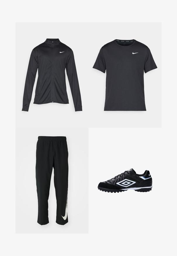 Must värvi sportlik jakk pikkade varrukatega, krae ja täispikk tõmblukk. Ülemises vasakus rinnas on diskreetne valge Nike logo. Sile tekstuur.; Mustamust Nike'i jooksupaita, mis on valmistatud kergest ja hingavast materjalist, lühikeste varrukatega ja mille rinnal on väike valge logo.; Mustad mustad sportlikud püksid elastse vöökohtadega, kitseneva disainiga, millel on vasakul jalal suur valge Nike logo. Pehme, kerge kangas.; Mustmusteline jalgpallisaapad, millel on sünteetiline nahk, tekstureeritud ülemine osa, valged ja sinised aksessuaarid, elastne kummist tallaosa, millel on astmed haarde tagamiseks.