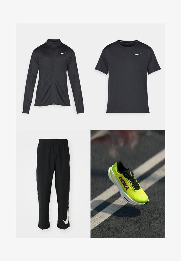 Juodas sportinis švarkas su ilgomis rankovėmis, apykakle ir pilnu užtrauktuku. Yra subtilus baltas Nike logotipas kairėje krūtinės pusėje. Lygus tekstūra.; Juodas Nike bėgimo marškinėlis, pagamintas iš lengvos, kvėpuojančios medžiagos, turintis trumpas rankoves ir mažą baltą logotipą ant krūtinės.; Juodos sportinės kelnės su elastingu juosmeniu, siaurėjančiu dizainu ir dideliu baltu Nike logotipu ant kairiojo kojos. Minkšta, lengva medžiaga.; Hoka bėgimo bateliai su ryškiai neoninio gelsvo tinklelio viršumi, juodais akcentais ir balta vidurio pado dalimi, pasižymintys siauromis linijomis ir tekstūruota paviršiumi.