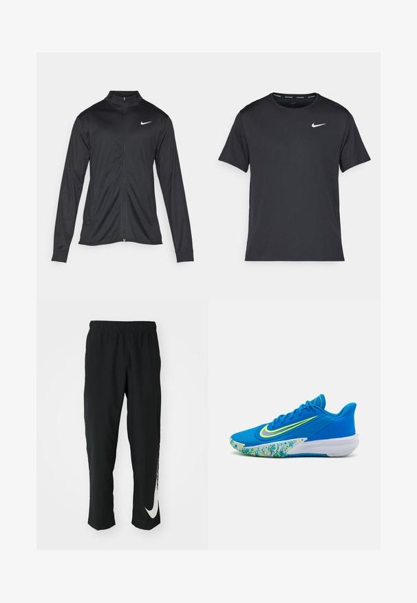 Jachetă sportivă neagră cu mâneci lungi, guler și fermoar complet. Prezintă un logo Nike subtil, alb, pe pieptul din stânga sus. Textură netedă.; Tricou de alergare Nike negru, fabricat dintr-un material ușor și respirabil, cu mâneci scurte și un mic logo alb pe piept.; Pantaloni sport negri cu talie elastică, design conic, având un mare logo alb Nike pe piciorul stâng. Material moale, ușor.; Încălțăminte sportivă albastră cu un material texturat, accente galbene neon și o talpă cu motive în nuanțe de albastru și verde. Design neted și elegant.