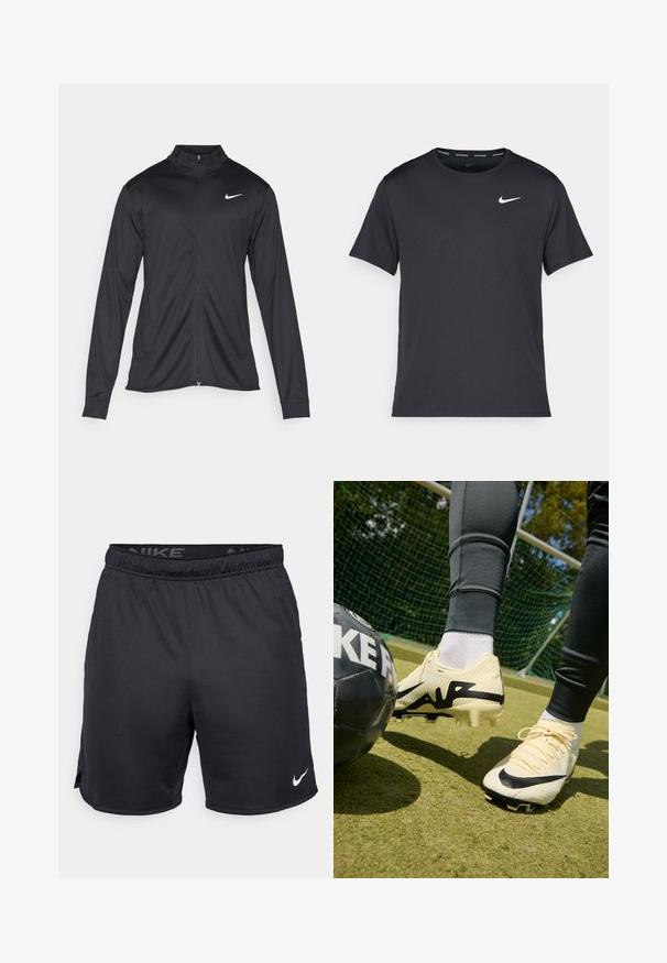 Giacca sportiva nera con maniche lunghe, colletto e zip completa. Presenta un logo Nike in bianco sulla parte superiore del lato sinistro del petto. Tessuto morbido.; Maglietta da corsa Nike nera realizzata in materiale leggero e traspirante, con maniche corte e un piccolo logo bianco sul petto.; Pantaloni corti neri Nike con cintura elastica, fessure laterali e logo bianco Nike sull'orlo inferiore. Realizzati in un tessuto leggero e testurizzato.; Scarpe da calcio Nike in crema con accenti neri, tomaia testurizzata, logo prominente e tacchetti conici. Palla da calcio nera nelle vicinanze su una superficie erbosa.