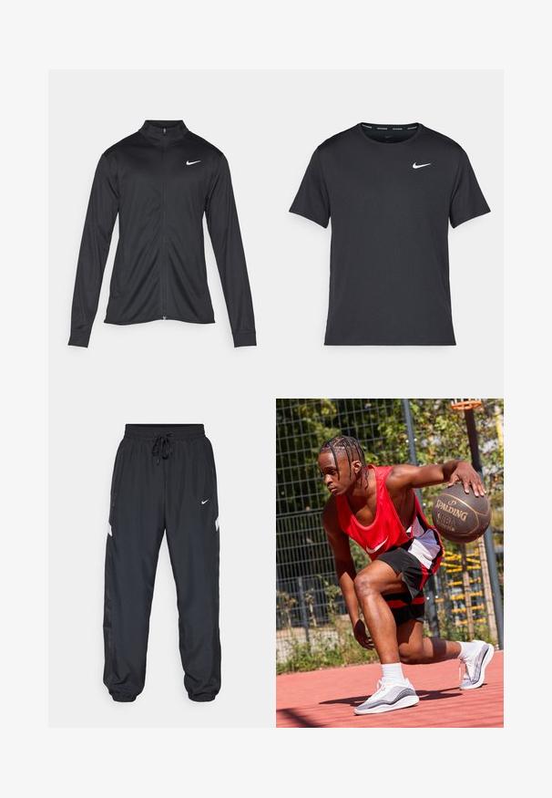 Sort atletisk jakke med lange ærmer, krave og fuld lynlås. Har et diskret Nike-logo i hvidt på den øverste venstre side af brystet. Glat tekstur.; Sort Nike løbe T-shirt lavet af let, åndbart materiale, med korte ærmer og et lille hvidt logo på brystet.; Sorte træningsbukser med elastisk talje, justerbar snor, sidelommer og kontrasterende hvide striber langs siderne.; Basketballspiller i en rød Nike tanktop og sorte shorts, der dribler en Spalding basketball på en rød bane. Iført hvide træningssko.