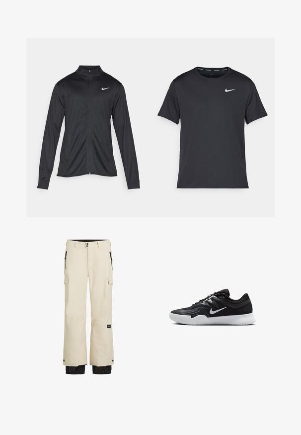 Juodas sportinis švarkas su ilgomis rankovėmis, apykakle ir pilnu užtrauktuku. Yra subtilus baltas Nike logotipas kairėje krūtinės pusėje. Lygus tekstūra.; Juodas Nike bėgimo marškinėlis, pagamintas iš lengvos, kvėpuojančios medžiagos, turintis trumpas rankoves ir mažą baltą logotipą ant krūtinės.; Kreminės spalvos krovinių kelnės su juodu apatine dalimi, pasižyminčios elastingais kiekvienais kutais, daugybe kišenių ir užtrauktuku. Pagamintos iš patvarios, vandeniui atsparios medžiagos.; Juodos sportinės bateliai su tekstūruota viršutine dalimi, balta Nike swoosh ir balta gumine išorine dalimi. Yra su raištelių užsegimo dizainu ir dinamine forma.