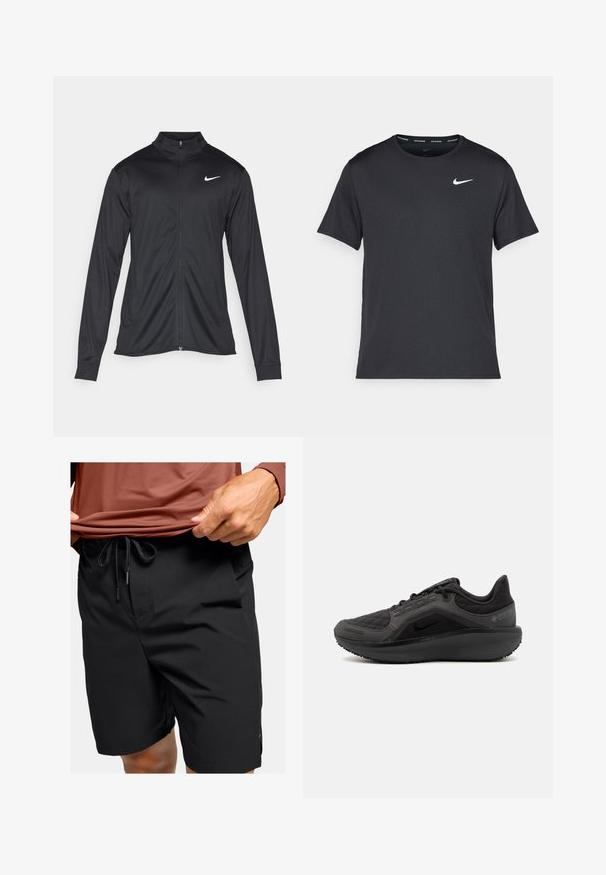 Black athletic jacket with long sleeves, collar, and full zipper. Features a subtle Nike logo in white on the upper left chest. Smooth texture.; Black Nike running T-shirt made of lightweight, breathable material, featuring short sleeves and a small white logo on the chest.; Black shorts made of lightweight fabric, featuring a drawstring waistband, side pockets, and a smooth texture.; Black athletic shoe with a textured quilted upper, sleek design, and black rubber sole. Features a visible logo and Gore-Tex branding.
