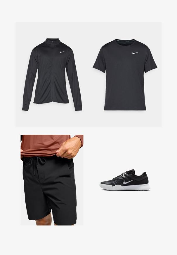 Sort atletisk jakke med lange ærmer, krave og fuld lynlås. Har et diskret Nike-logo i hvidt på den øverste venstre side af brystet. Glat tekstur.; Sort Nike løbe T-shirt lavet af let, åndbart materiale, med korte ærmer og et lille hvidt logo på brystet.; Sorte shorts lavet af letvægtsstof, med en snor i taljen, sidelommer og en glat tekstur.; Sort atletiksko med en tekstureret overdel, hvid Nike swoosh og en hvid gummisål. Har en snørret design og dynamisk form.