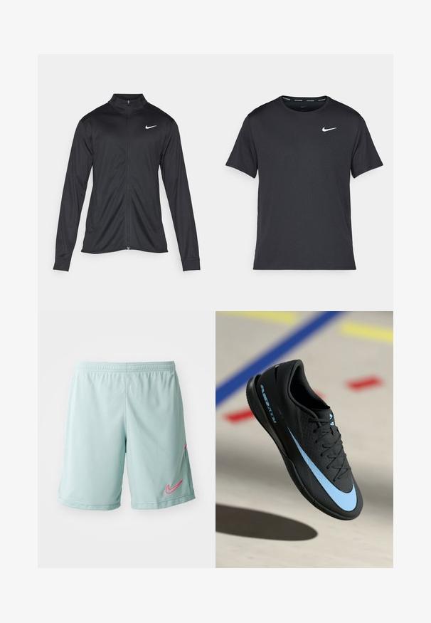 Juodas sportinis švarkas su ilgomis rankovėmis, apykakle ir pilnu užtrauktuku. Yra subtilus baltas Nike logotipas kairėje krūtinės pusėje. Lygus tekstūra.; Juodas Nike bėgimo marškinėlis, pagamintas iš lengvos, kvėpuojančios medžiagos, turintis trumpas rankoves ir mažą baltą logotipą ant krūtinės.; Šviesiai mėlyni atletiniai šortai su tinklinio tekstūra, turintys rožinę Nike logotipą kairėje pusėje ir elastingą juosmenį.; Juodas sportinis batelis su mėlynomis detalėmis, tekstūruota paviršius, raišteliais užsegamas dizainas ir išskirtinis Nike logotipas. Guminis padas su sukibimo raštais.