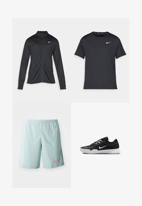 Chaqueta atlética negra con mangas largas, collar y cremallera completa. Presenta un sutil logo de Nike en blanco en la parte superior izquierda del pecho. Textura suave.; Camiseta de running negra de Nike, hecha de material ligero y transpirable, con mangas cortas y un pequeño logo blanco en el pecho.; Pantalones cortos deportivos de color azul claro con textura de malla, que cuentan con un logo rosa de Nike en el lado izquierdo y una cintura elástica.; Zapatilla deportiva negra con parte superior texturizada, logo de Nike en blanco y suela de goma blanca. Tiene un diseño con cordones y una forma dinámica.