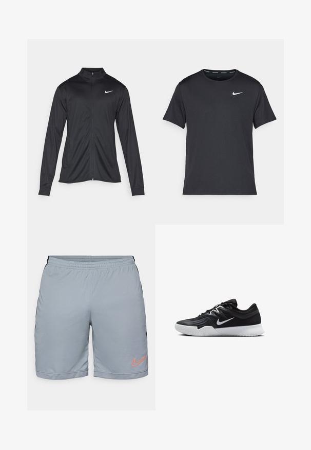 Svart idrettsjakke med lange ermer, krage og full glidelås. Har en subtil Nike-logo i hvitt på øvre venstre bryst. Glatt tekstur.; Svart Nike løpe-T-skjorte laget av lett, pustende stoff, med korte ermer og en liten hvit logo på brystet.; Lys grå treningsshorts med svarte sidepaneler, elastisk midje og teksturert mesh-bunn. Har en oransje Nike-logo på venstre ben.; Svart treningssko med teksturert overdel, hvit Nike-swoosh og hvit gummisåle. Har snøring og en dynamisk form.