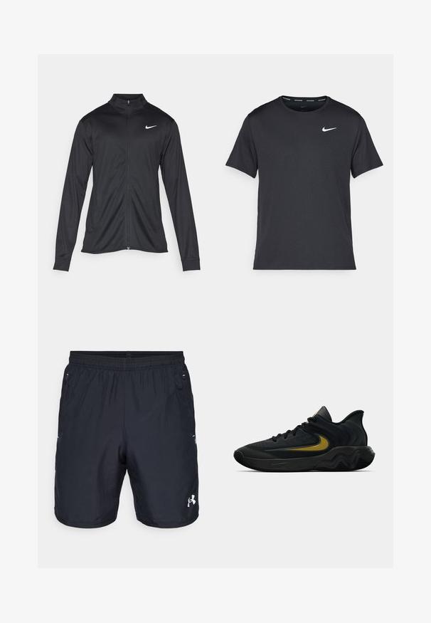 Fekete sportdzseki hosszú ujjal, gallérral és teljes cipzárral. Diszkrét fehér Nike logóval az upper bal mellen. Sima textúra.; Fekete Nike futó póló, könnyű, légáteresztő anyagból készült, rövid ujjú, és a mellkasán egy kicsi fehér logó található.; Fekete sportnadrág elasztikus derékpánttal, oldalsó zsebekkel és egy kis fehér logóval a jobb alsó lábszáron. Könnyű anyagból készült.; Fekete és sötétszürke sportcipő fekete fűzővel és arany swoosh logóval, hullámos talpformával és párnázott sarokpánttal.