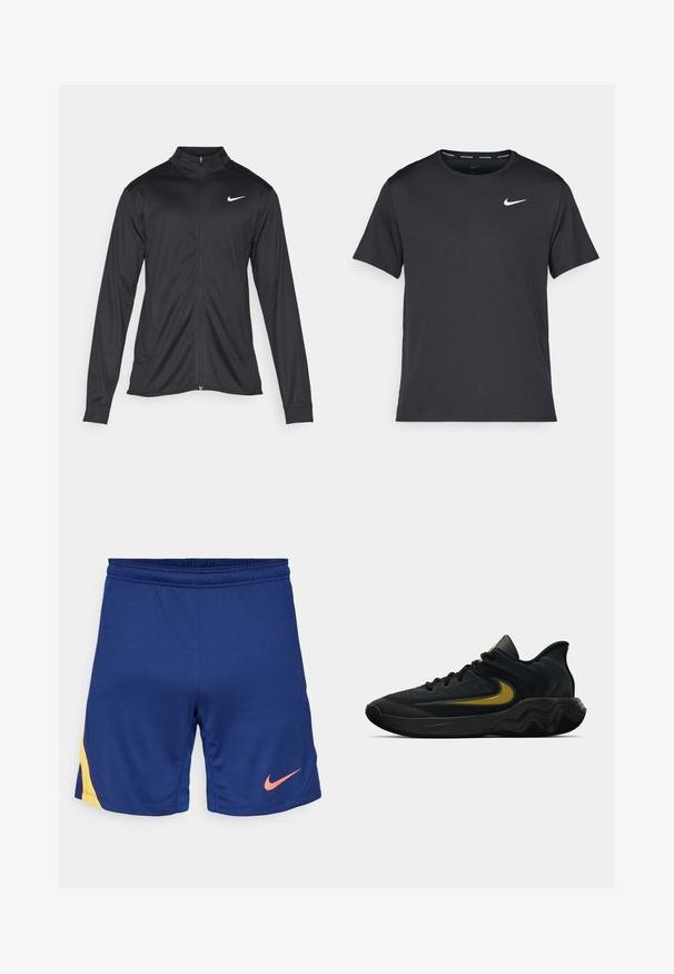Must värvi sportlik jakk pikkade varrukatega, krae ja täispikk tõmblukk. Ülemises vasakus rinnas on diskreetne valge Nike logo. Sile tekstuur.; Mustamust Nike'i jooksupaita, mis on valmistatud kergest ja hingavast materjalist, lühikeste varrukatega ja mille rinnal on väike valge logo.; Tumesinine sportlikud lühikesed püksid, millel on kollane külgdetail ja roosa Nike swoosh logo paremal jalal, elastne vöökoht.; Mustmust värvi ja tumeda halli sportlik king, millel on mustad paelad ja kuldne swooshi logo, ning laineline tald ja pehmendatud kand.
