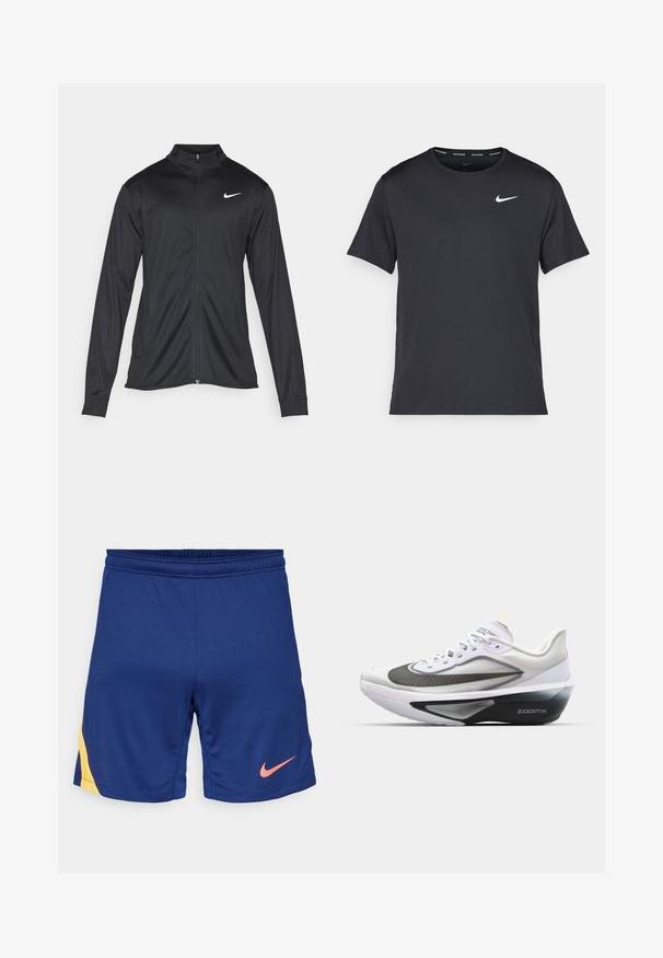 Chaqueta atlética negra con mangas largas, collar y cremallera completa. Presenta un sutil logo de Nike en blanco en la parte superior izquierda del pecho. Textura suave.; Camiseta de running negra de Nike, hecha de material ligero y transpirable, con mangas cortas y un pequeño logo blanco en el pecho.; Pantalones cortos deportivos azul marino con detalle lateral amarillo y logo de Nike en color rosa en la pierna derecha, con cintura elástica.; Nike Performance ZOOM FLY 6 - Zapatillas running asfalto - white/black/smoke grey/metallic silver