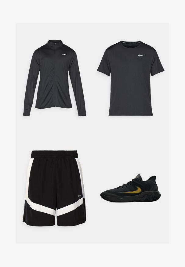 Fekete sportdzseki hosszú ujjal, gallérral és teljes cipzárral. Diszkrét fehér Nike logóval az upper bal mellen. Sima textúra.; Fekete Nike futó póló, könnyű, légáteresztő anyagból készült, rövid ujjú, és a mellkasán egy kicsi fehér logó található.; Fekete sportnadrág elasztikus derékkal, fehér átlós csíkos díszítéssel és oldalt hasított szegélyekkel. Könnyű anyagból készült.; Fekete és sötétszürke sportcipő fekete fűzővel és arany swoosh logóval, hullámos talpformával és párnázott sarokpánttal.