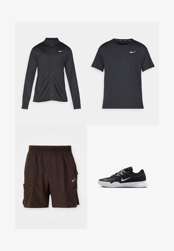 Musta urheilutakki pitkillä hihoilla, kauluksella ja kokonaisella vetoketjulla. Täydentää hienovarainen Nike-logo valkoisena vasemmassa ylärinnassa. Litteä pinta.; Musta Nike juoksupaita, joka on valmistettu kevyestä ja hengittävästä materiaalista. Paidassa on lyhyet hihnat ja pieni valkoinen logo rinnassa.; Tummanruskeat urheilushortsit, joissa on joustava vyötärö, sivutaskut ja heijastava Nike-logo oikeassa lahkeessa.; Musta urheilukenkä, jossa on teksturoitu päällinen, valkoinen Nike-tikkaus ja valkoinen kumipohja. Kenkässä on nauhakuji ja dynaaminen muoto.