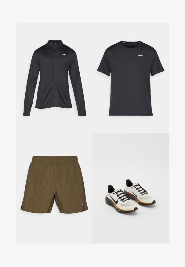 Fekete sportdzseki hosszú ujjal, gallérral és teljes cipzárral. Diszkrét fehér Nike logóval az upper bal mellen. Sima textúra.; Fekete Nike futó póló, könnyű, légáteresztő anyagból készült, rövid ujjú, és a mellkasán egy kicsi fehér logó található.; ASICS CORE SHORT - Sport rövidnadrágok - brown stone; Nike futócipők, fehér hálós felsőrésszel, fekete fűzőkkel, narancs és fekete talppal, amely foltos részletezéssel rendelkezik, és lélegző kialakítással.