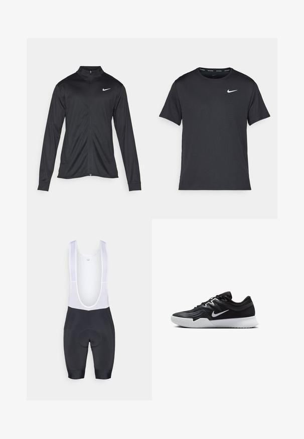 Svart idrettsjakke med lange ermer, krage og full glidelås. Har en subtil Nike-logo i hvitt på øvre venstre bryst. Glatt tekstur.; Svart Nike løpe-T-skjorte laget av lett, pustende stoff, med korte ermer og en liten hvit logo på brystet.; Herre sykkel bibshorts laget av pustende svart stoff, med hvite nettingstropper, polstret sete og sømløse benåpninger.; Svart treningssko med teksturert overdel, hvit Nike-swoosh og hvit gummisåle. Har snøring og en dynamisk form.