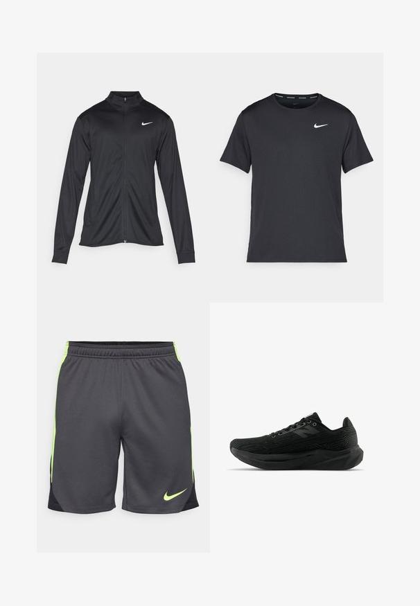 Giacca sportiva nera con maniche lunghe, colletto e zip completa. Presenta un logo Nike in bianco sulla parte superiore del lato sinistro del petto. Tessuto morbido.; Maglietta da corsa Nike nera realizzata in materiale leggero e traspirante, con maniche corte e un piccolo logo bianco sul petto.; Pantaloni sportivi da uomo, realizzati in tessuto grigio leggero con dettagli verde neon e un pannello laterale nero. Dotati di una vita elasticizzata per il massimo comfort.; Scarpe sportive nere con tomaia testurizzata, caratterizzate da un design elegante, chiusura con lacci e una suola più spessa con battistrada per una presa migliore.