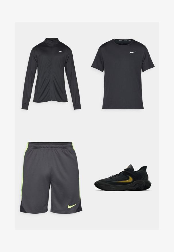 Must värvi sportlik jakk pikkade varrukatega, krae ja täispikk tõmblukk. Ülemises vasakus rinnas on diskreetne valge Nike logo. Sile tekstuur.; Mustamust Nike'i jooksupaita, mis on valmistatud kergest ja hingavast materjalist, lühikeste varrukatega ja mille rinnal on väike valge logo.; Meeste spordilühišortsid, valmistatud kerge halli kangast, millel on neoonrohelised aksendid ja must külgpanel. Omab elastset vöökohta mugavuse tagamiseks.; Mustmust värvi ja tumeda halli sportlik king, millel on mustad paelad ja kuldne swooshi logo, ning laineline tald ja pehmendatud kand.