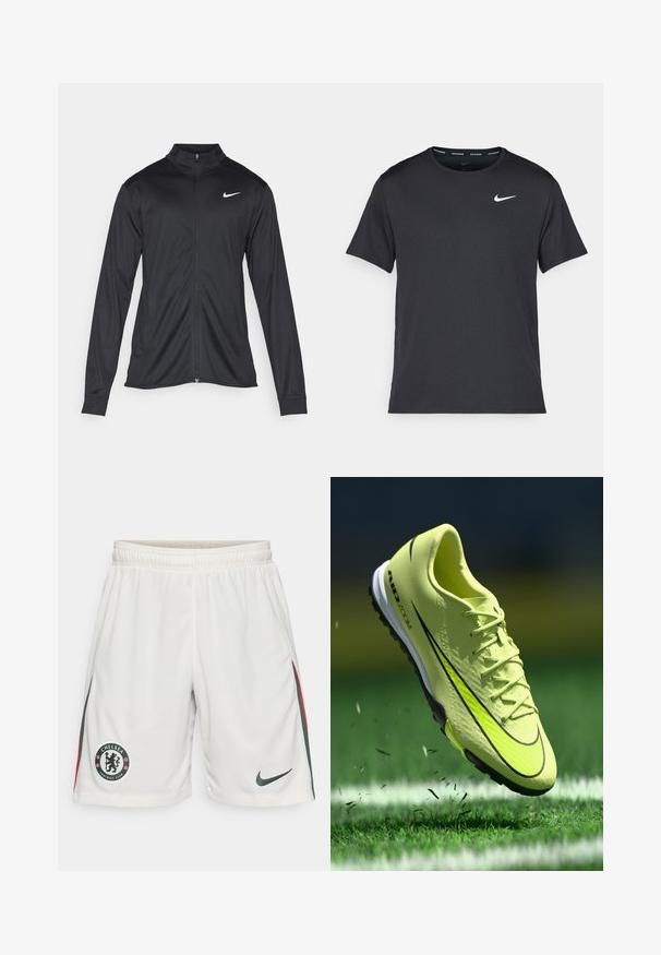 Schwarze Sportjacke mit langen Ärmeln, Kragen und voller Reißverschluss. Verfügt über ein dezentes Nike-Logo in Weiß auf der oberen linken Brust. Glatte Textur.; Schwarzes Nike Lauft-Shirt aus leichtem, atmungsaktivem Material, mit kurzen Ärmeln und einem kleinen weißen Logo auf der Brust.; Weiße Fußballshorts aus strukturiertem Material, mit elastischem Taillenbund, Chelsea FC-Logo und grünen sowie roten seitlichen Streifen. Nike-Logo am Saum.; Leuchtend gelbe Nike Air Zoom Fußballschuhe schlagen Gras auf einem grünen Feld mit weißen Linien während des Spiels auf.