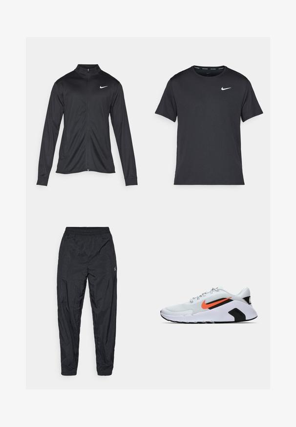 Melna sporta jaka ar garām piedurknēm, apkakli un pilnu rāvējslēdzēju. Uz kreisā krūts augšdaļas ir maigs Nike logo baltā krāsā. Gluda tekstūra.; Melna Nike skriešanas T-kreklā, kas izgatavots no viegla un elpojoša materiāla, ar īsām piedurknēm un mazu baltu logo uz krūtīm.; Melnas sportiskas bikses, kas izgatavotas no viegla auduma. Tām ir elastīgs jostasvieta un mazs logotipa elements sānos. Šauratās kājas dizains.; Baltas sporta apavs ar teksturētu tīkla virsu, ar oranžs Nike logotipu, melniem akcentiem un mīkstinātu zoli ar melnbaltiem detaļām.