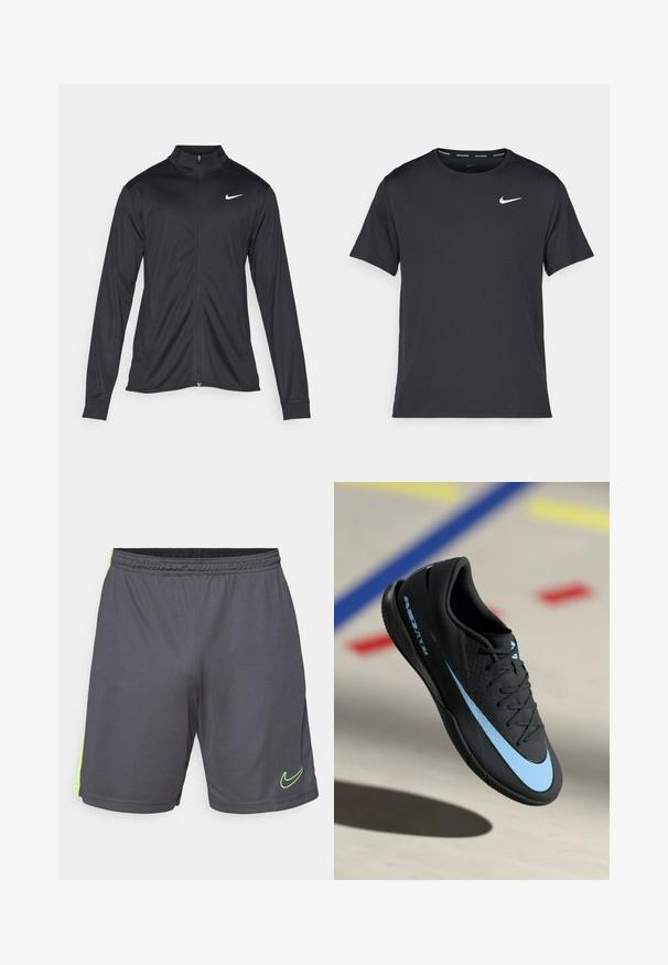 Čierna športová bunda s dlhými rukávmi, golierom a plným zipsom. Obsahuje nenápadné logo Nike v bielej farbe na hornej ľavej hrudi. Hladká textúra.; Čierne bežecké tričko Nike vyrobené z ľahkého a priedušného materiálu, s krátkymi rukávmi a malým bielym logom na hrudi.; Nike Performance SHORT - Športové šortky - anthracite/volt; Čierne športové topánky s modrými akcentmi, textúrovaný povrch, dizajn na šnurovanie a charakteristické logo Nike. Gumová podrážka s gripovými vzormi.