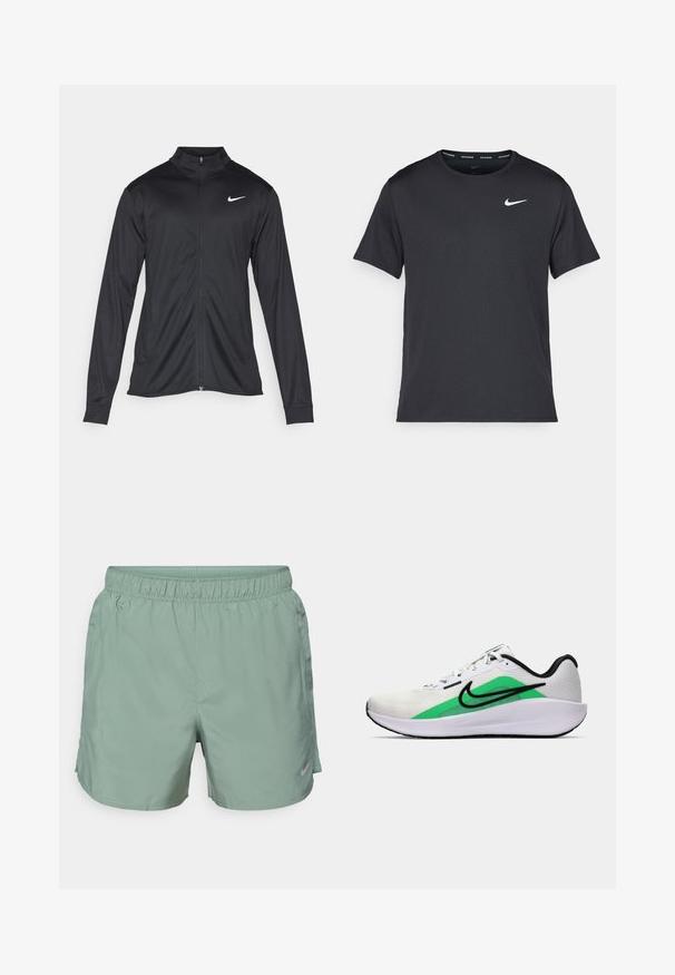 Must värvi sportlik jakk pikkade varrukatega, krae ja täispikk tõmblukk. Ülemises vasakus rinnas on diskreetne valge Nike logo. Sile tekstuur.; Mustamust Nike'i jooksupaita, mis on valmistatud kergest ja hingavast materjalist, lühikeste varrukatega ja mille rinnal on väike valge logo.; Heledad rohelised sportlikud lühikesed püksid siledast kangast, millel on elastne vöökoht ja alapoole asetatud diskreetne logo.; Valge spordijalats, millel on roheline aktsent, must logo, võrkmaterjalist pealisosa, pehmendusega tallad ja ümar kannaosa. Omab paelu ja kontrastset detaili.
