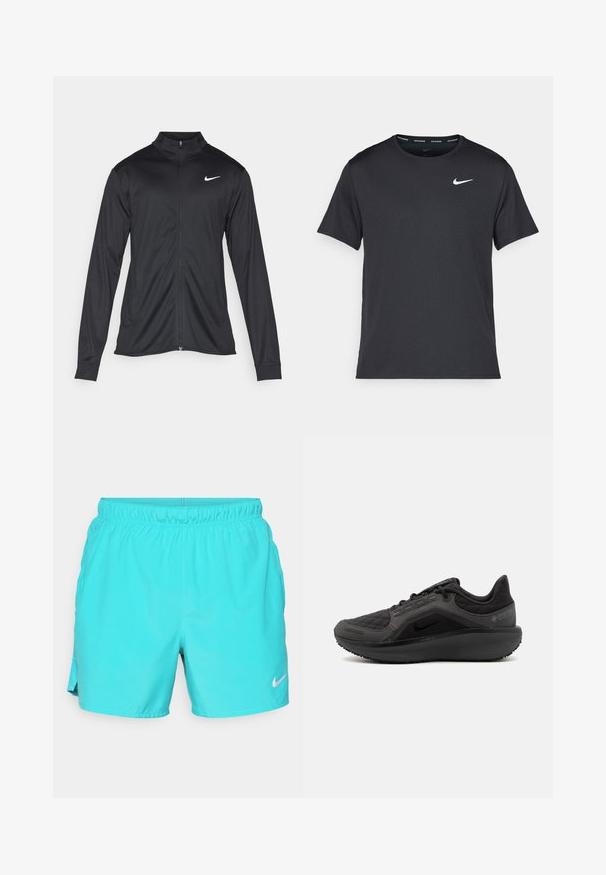 Jacket desportivo preto com mangas longas, colarinho e fecho zip completo. Apresenta um discreto logotipo da Nike em branco na parte superior do lado esquerdo do peito. Textura suave.; T-shirt de corrida Nike preto, feito de material leve e respirável, com mangas curtas e um pequeno logo branco no peito.; Calções de desporto turquesa feitos de um tecido leve. Apresentam uma cintura elástica e um logótipo branco da Nike na parte inferior da perna direita.; Shoe atlético preto com um superior acolchoado texturizado, design elegante e sola de borracha preta. Apresenta um logótipo visível e marca Gore-Tex.