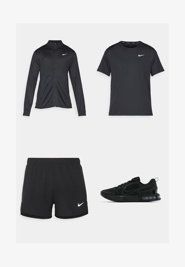 Veste de sport noire à manches longues, avec col et fermeture éclair intégrale. Présente un logo Nike subtil en blanc sur le côté supérieur gauche de la poitrine. Texture lisse.; T-shirt de course noir Nike en matériau léger et respirant, avec des manches courtes et un petit logo blanc sur la poitrine.; Shorts de sport noirs en tissu léger. Dotés d'une taille élastique et de détails perforés. Inclus un logo Nike blanc sur le côté.; Baskets de sport Nike noires avec dessus en maille, semelle en caoutchouc, col rembourré et un accent distinctif au talon transparent.