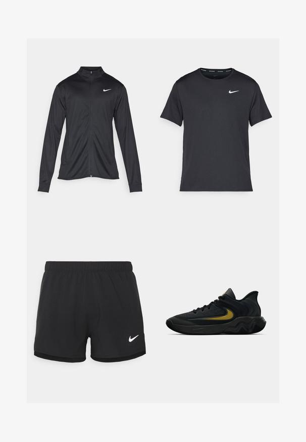 Jachetă sportivă neagră cu mâneci lungi, guler și fermoar complet. Prezintă un logo Nike subtil, alb, pe pieptul din stânga sus. Textură netedă.; Tricou de alergare Nike negru, fabricat dintr-un material ușor și respirabil, cu mâneci scurte și un mic logo alb pe piept.; Shorts atletici negri, confecționați dintr-un material ușor. Dispun de un brâu elastic și detalii perforate. Inclus un logo Nike alb pe lateral.; Pantofii sport negri și gri închis, cu șireturi negre și logo-ul aurit sub formă de swoosh, având un design al tălpii în valuri și un guler căptușit la călcâi.