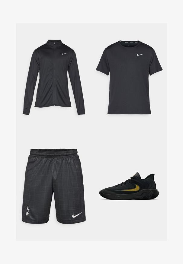 Melna sporta jaka ar garām piedurknēm, apkakli un pilnu rāvējslēdzēju. Uz kreisā krūts augšdaļas ir maigs Nike logo baltā krāsā. Gluda tekstūra.; Melna Nike skriešanas T-kreklā, kas izgatavots no viegla un elpojoša materiāla, ar īsām piedurknēm un mazu baltu logo uz krūtīm.; Melni sporta šorti ar režģa rakstu, elastīga josta, ar Nike balto logotipu un melnu Spurs emblēmu kreisajā apakšējā stūrī.; Melna un tumši pelēka sporta apavu pāris ar melnām auklām un zelta Swoosh logo, ar viļņotu zolītes dizainu un polsterētu papēdi.