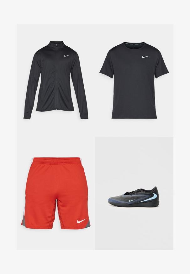 Must värvi sportlik jakk pikkade varrukatega, krae ja täispikk tõmblukk. Ülemises vasakus rinnas on diskreetne valge Nike logo. Sile tekstuur.; Mustamust Nike'i jooksupaita, mis on valmistatud kergest ja hingavast materjalist, lühikeste varrukatega ja mille rinnal on väike valge logo.; Punased spordishortsid tekstureeritud pinnaga, hallide külgaktsentidega ja valge Nike logo alumises vasakus nurgas. Elastaaniga vöökoht.; Mustmust ja sinine madala lõikega sportlik saabas, millel on tekstuuriga pind, mustad paelad ja helesinised Nike logo kujutised külgedel ja taldades.