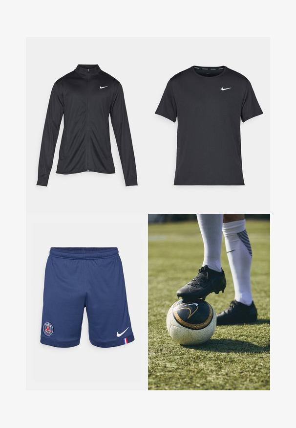 Black athletic jacket with long sleeves, collar, and full zipper. Features a subtle Nike logo in white on the upper left chest. Smooth texture.; Black Nike running T-shirt made of lightweight, breathable material, featuring short sleeves and a small white logo on the chest.; Navy blue athletic shorts with an elastic waistband, featuring a white Nike logo and a Paris Saint-Germain emblem on the left leg.; Black soccer cleat on a white and black patterned soccer ball, resting on green grass. The cleat features textured material and laces.