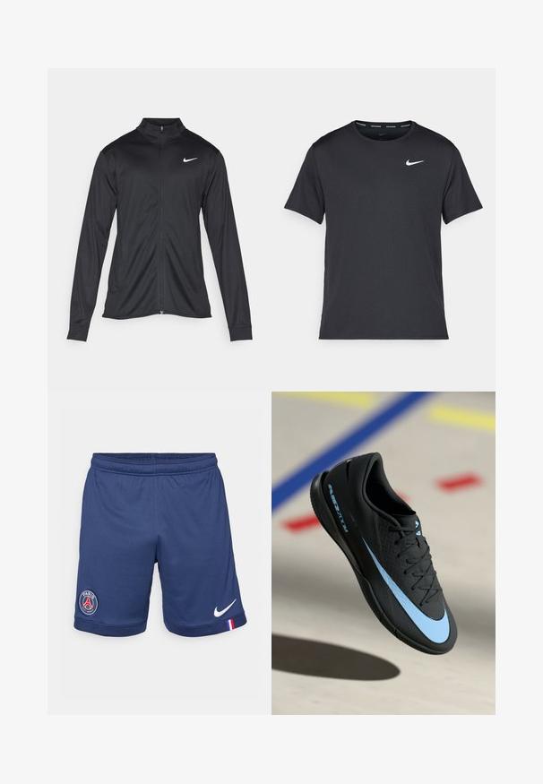 Juodas sportinis švarkas su ilgomis rankovėmis, apykakle ir pilnu užtrauktuku. Yra subtilus baltas Nike logotipas kairėje krūtinės pusėje. Lygus tekstūra.; Juodas Nike bėgimo marškinėlis, pagamintas iš lengvos, kvėpuojančios medžiagos, turintis trumpas rankoves ir mažą baltą logotipą ant krūtinės.; Tamsiai mėlynos sportinės šortai su elastinga juosta, kurie turi baltą Nike logotipą ir Paryžiaus Saint-Germain emblema kairėje šortų pusėje.; Juodas sportinis batelis su mėlynomis detalėmis, tekstūruota paviršius, raišteliais užsegamas dizainas ir išskirtinis Nike logotipas. Guminis padas su sukibimo raštais.