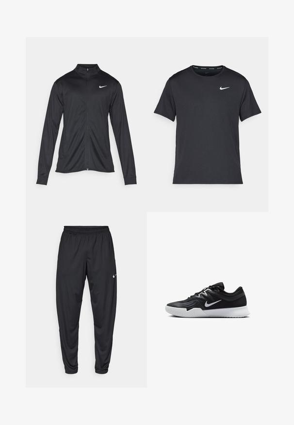 Melna sporta jaka ar garām piedurknēm, apkakli un pilnu rāvējslēdzēju. Uz kreisā krūts augšdaļas ir maigs Nike logo baltā krāsā. Gluda tekstūra.; Melna Nike skriešanas T-kreklā, kas izgatavots no viegla un elpojoša materiāla, ar īsām piedurknēm un mazu baltu logo uz krūtīm.; Melnas sporta bikses ar elastīgu jostasvietu, sašaurinātām kājām un mazu baltu Nike logotipu kreisajā augšstilbā. Gluda auduma, bez rakstiem.; Melni sporta apavi ar teksturētu virsu, balto Nike zulumu un balto gumijas zoli. Iezīmējas ar auklu pievilkšanas dizainu un dinamisku formu.