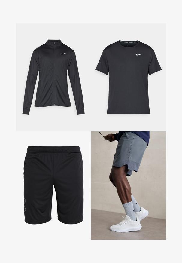 Jachetă sportivă neagră cu mâneci lungi, guler și fermoar complet. Prezintă un logo Nike subtil, alb, pe pieptul din stânga sus. Textură netedă.; Tricou de alergare Nike negru, fabricat dintr-un material ușor și respirabil, cu mâneci scurte și un mic logo alb pe piept.; Șorturi atletice negre, confecționate dintr-un material ușor, prezentând un corset elastic și un design subtil al panourilor laterale. Textură netedă, fără buzunare.; Încălțăminte sport albă cu partea superioară din plasă texturată, asociată cu șosete ribbate de culoare bleu deschis care au un logo. Şorturi sportive gri cu margine perforată.