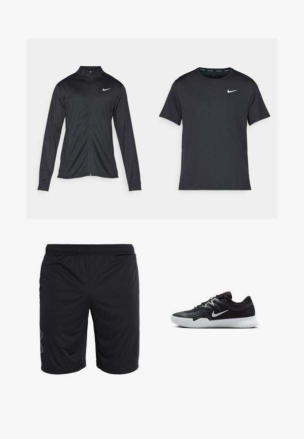 Jachetă sportivă neagră cu mâneci lungi, guler și fermoar complet. Prezintă un logo Nike subtil, alb, pe pieptul din stânga sus. Textură netedă.; Tricou de alergare Nike negru, fabricat dintr-un material ușor și respirabil, cu mâneci scurte și un mic logo alb pe piept.; Șorturi atletice negre, confecționate dintr-un material ușor, prezentând un corset elastic și un design subtil al panourilor laterale. Textură netedă, fără buzunare.; Pantof sport negru cu un superior texturat, swoosh alb Nike și o tălpică din cauciuc alb. Dispune de un design cu șireturi și o formă dinamică.
