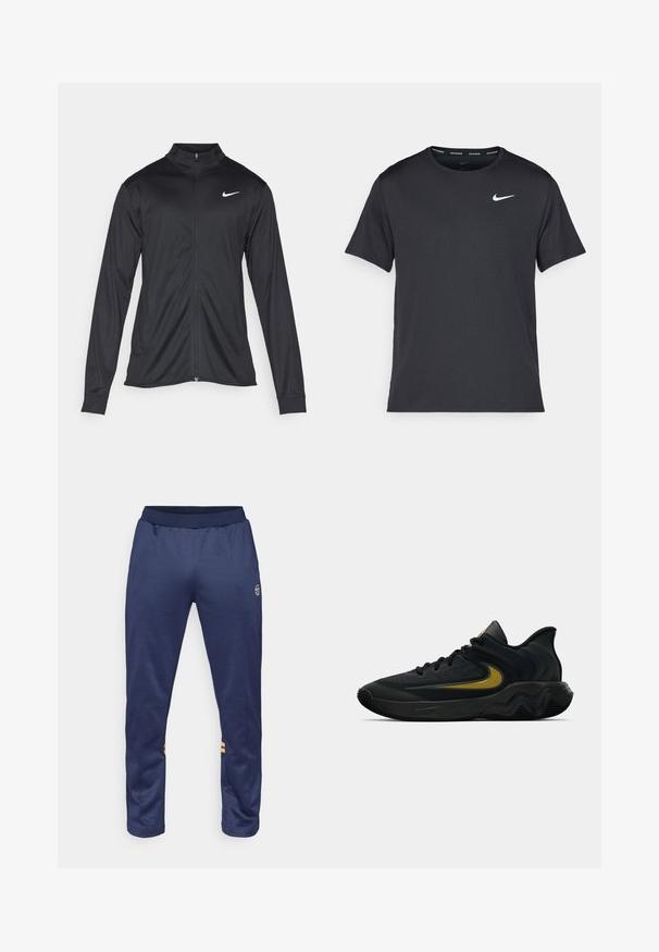 Čierna športová bunda s dlhými rukávmi, golierom a plným zipsom. Obsahuje nenápadné logo Nike v bielej farbe na hornej ľavej hrudi. Hladká textúra.; Čierne bežecké tričko Nike vyrobené z ľahkého a priedušného materiálu, s krátkymi rukávmi a malým bielym logom na hrudi.; Námornícky modré športové nohavice s elastickým pásom, dvoma bočnými pruhmi v oranžovej farbe na spodnej časti nohavíc a logom na hornej pravej nohe.; Čierna a tmavošedá športová obuv s čiernymi šnúrkami a zlatým logom v tvare klíča, s vlnitým dizajnom podrážky a polstrovaným golierom na päte.