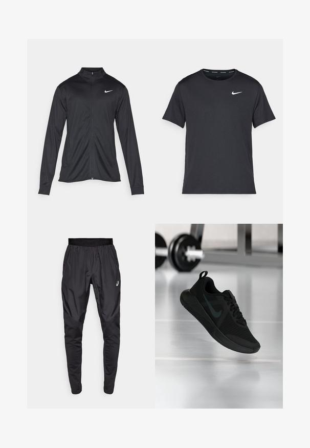 Black athletic jacket with long sleeves, collar, and full zipper. Features a subtle Nike logo in white on the upper left chest. Smooth texture.; Black Nike running T-shirt made of lightweight, breathable material, featuring short sleeves and a small white logo on the chest.; Black athletic pants with a stretchy waistband, side pockets, and contrasting texture panels on the legs. Asics logo on the hip.; Black athletic shoe with a textured mesh upper, rubber sole, and a prominent dark swoosh logo. Features a padded collar and lace-up design.