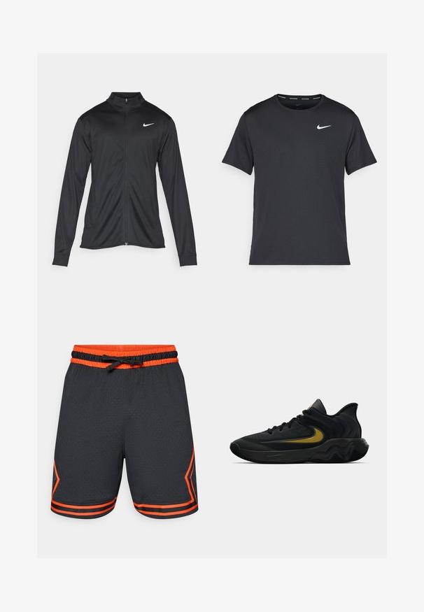 Juodas sportinis švarkas su ilgomis rankovėmis, apykakle ir pilnu užtrauktuku. Yra subtilus baltas Nike logotipas kairėje krūtinės pusėje. Lygus tekstūra.; Juodas Nike bėgimo marškinėlis, pagamintas iš lengvos, kvėpuojančios medžiagos, turintis trumpas rankoves ir mažą baltą logotipą ant krūtinės.; Juodi sportiniai šortai su oranžiniais akcentais, pasižymintys tinklinio tekstūra, elastingu juosmeniu su raišteliu ir kontrastinėmis šoninėmis juostomis.; Juodos ir tamsiai pilkos sportinės bateliai su juodais raišteliais ir auksiniu šypsenėlių logotipu, turintys bangos formos pado dizainą ir paminkštintą kulkšnies apykaklę.