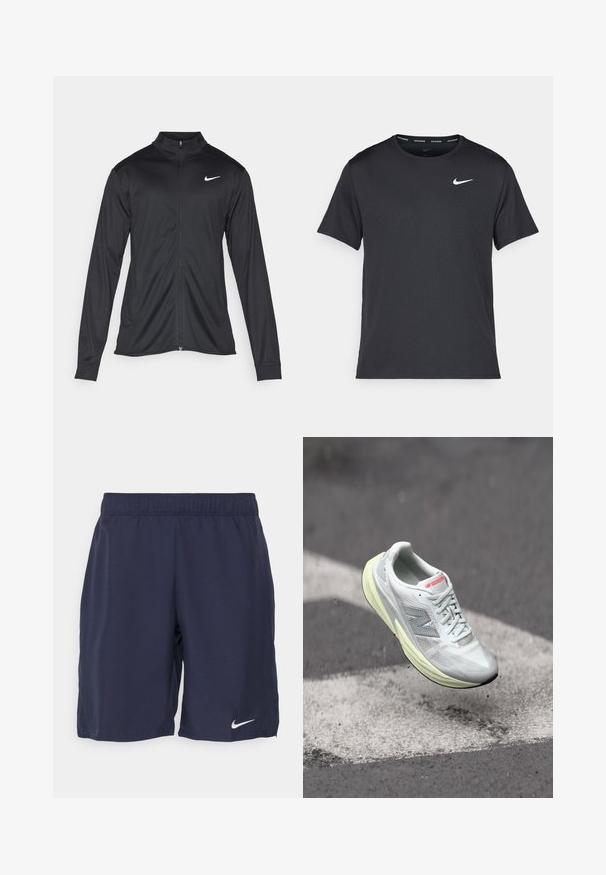 Schwarze Sportjacke mit langen Ärmeln, Kragen und voller Reißverschluss. Verfügt über ein dezentes Nike-Logo in Weiß auf der oberen linken Brust. Glatte Textur.; Schwarzes Nike Lauft-Shirt aus leichtem, atmungsaktivem Material, mit kurzen Ärmeln und einem kleinen weißen Logo auf der Brust.; Marineblaue Sportshorts aus glattem Stoff, mit einem elastischen Bund und einem weißen Nike-Logo am unteren linken Bein.; Leichter Laufschuh mit einem weißen Mesh-Obermaterial, gelber Zwischensohle und grauen Akzenten. Enthält ein auffälliges ‚N‘-Logo und eine strukturierte Oberfläche.