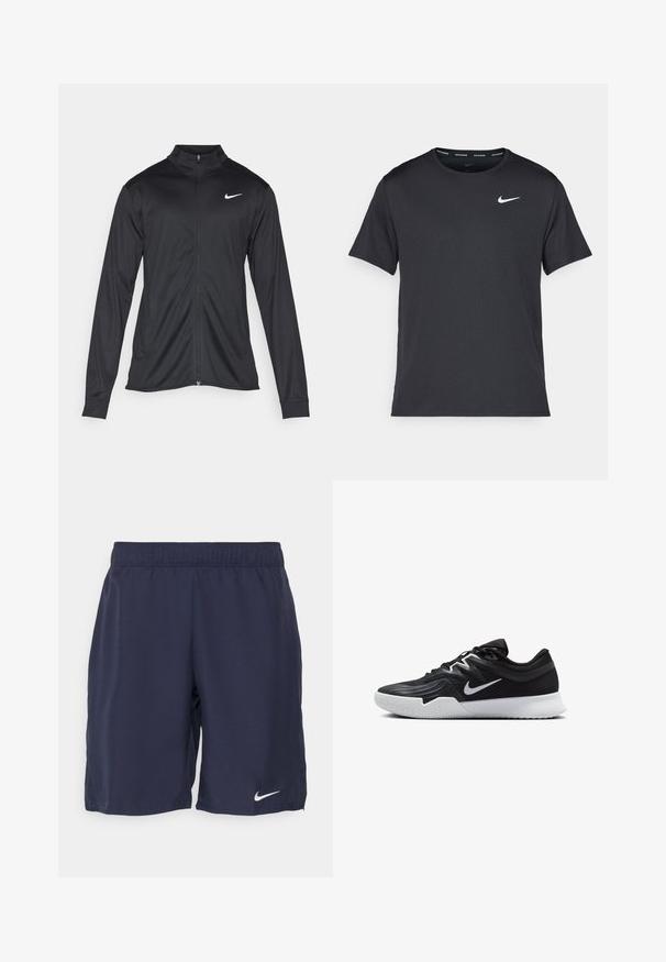 Must värvi sportlik jakk pikkade varrukatega, krae ja täispikk tõmblukk. Ülemises vasakus rinnas on diskreetne valge Nike logo. Sile tekstuur.; Mustamust Nike'i jooksupaita, mis on valmistatud kergest ja hingavast materjalist, lühikeste varrukatega ja mille rinnal on väike valge logo.; Tumed spordishortsid siledast kangast, elastse vöökoha ja valge Nike logoga vasakul jalal.; Must mustad jalanikesad rikaste ülaservaga, valge Nike swoosh'i ja valge kummist välispõhjaga. Omab paeltega sulgemisdetaili ja dünaamilist kuju.