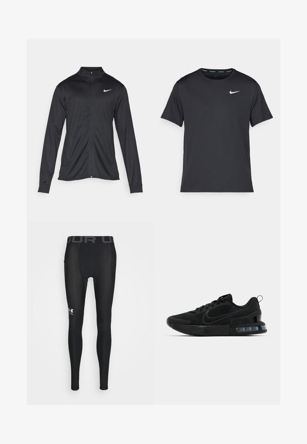 Jachetă sportivă neagră cu mâneci lungi, guler și fermoar complet. Prezintă un logo Nike subtil, alb, pe pieptul din stânga sus. Textură netedă.; Tricou de alergare Nike negru, fabricat dintr-un material ușor și respirabil, cu mâneci scurte și un mic logo alb pe piept.; Leggings negre de compresie, fabricate dintr-un material neted și flexibil, având o talie elastică lată cu logo-ul "UNDER ARMOUR" în gri și un logo stilizat pe piciorul inferior.; Adidași negri Nike cu partea superioară din plasă, talpă texturată și unitate de aer vizibilă în călcâi. Accente și logo într-o nuanță mai închisă de negru.