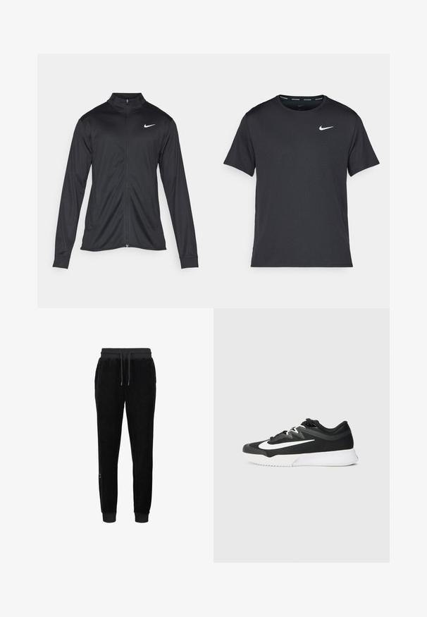 Melna sporta jaka ar garām piedurknēm, apkakli un pilnu rāvējslēdzēju. Uz kreisā krūts augšdaļas ir maigs Nike logo baltā krāsā. Gluda tekstūra.; Melna Nike skriešanas T-kreklā, kas izgatavots no viegla un elpojoša materiāla, ar īsām piedurknēm un mazu baltu logo uz krūtīm.; Melnas velūra bikses ar ribotu jostasvītu un piedurknēm, kurām ir aukla un mazs logotipa elements apakšējā malā.; Melnas sporta kurpes ar strukturētu augšējo daļu, baltu Swoosh logotipu, ar auklēm, un gumijas zoli ar rakstainu profilu.