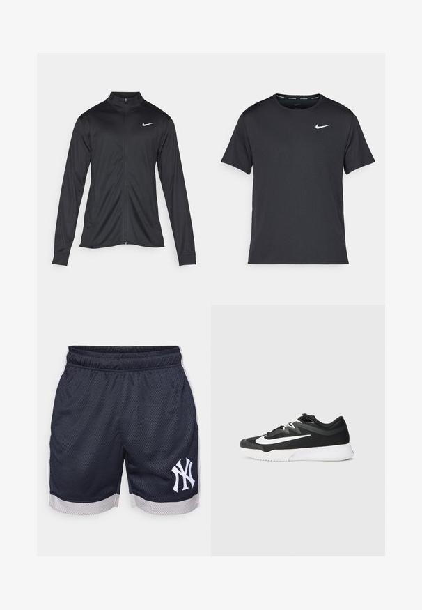 Crna sportska jakna s dugim rukavima, ovratnikom i punim patentnim zatvaračem. Ima suptilan Nike logo u bijeloj boji na gornjem lijevom dijelu prsne oznake. Glatka tekstura.; Crna Nike majica za trčanje napravljena od laganog, prozračnog materijala, s kratkim rukavima i malim bijelim logotipom na prsima.; Mornarice mrežaste sportske kratke hlače s elastičnim pojasom, bijelim bočnim akcentima i izvezenim logom New York Yankees na lijevom bedru.; Crne atletske cipele s teksturiranim gornjim dijelom, bijelim Swoosh logom, vezanjem i gumenim đonom sa šablonom.