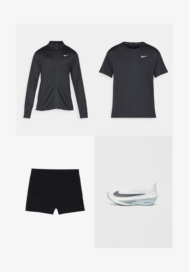 Jacket desportivo preto com mangas longas, colarinho e fecho zip completo. Apresenta um discreto logotipo da Nike em branco na parte superior do lado esquerdo do peito. Textura suave.; T-shirt de corrida Nike preto, feito de material leve e respirável, com mangas curtas e um pequeno logo branco no peito.; Calções atléticos pretos com uma textura suave, cintura elástica e dois bolsos laterais. Apresenta um pequeno logótipo no canto inferior direito.; Sapatilha atlética branca com parte superior em malha cinza, entressola em espuma ZoomX azul e sola curvada para maior propulsão e conforto.