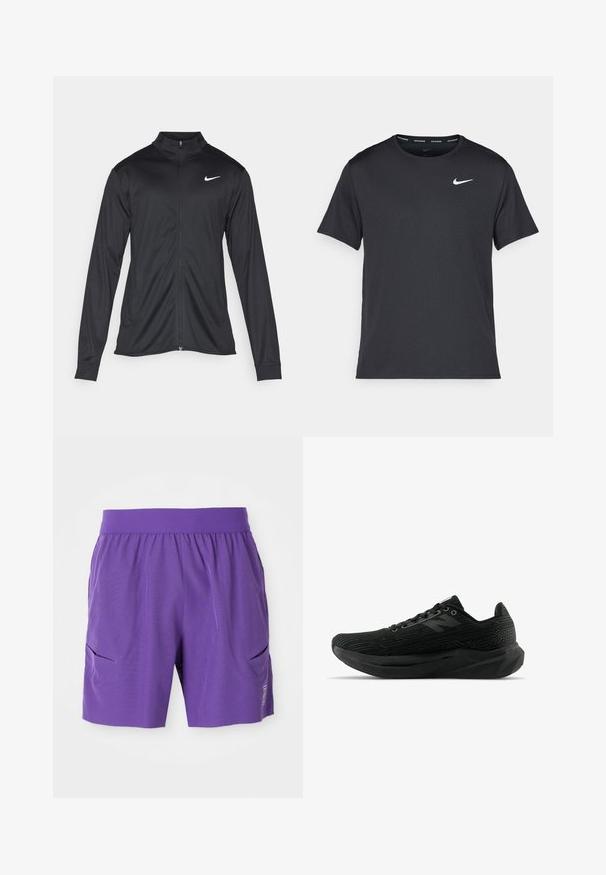 Černá sportovní bunda s dlouhými rukávy, límcem a plným zipem. Má decentní bílou logo značky Nike na horní levé části hrudi. Hladká textura.; Černé běžecké tričko Nike vyrobené z lehkého a prodyšného materiálu, s krátkými rukávy a malým bílým logem na hrudi.; Fialové sportovní šortky s elastickým pasem, dvěma bočními kapsami a hladkou texturou. Jednoduchý design s logem na spodní přední části.; Černá sportovní obuv s texturovaným svrškem, která se vyznačuje elegantním designem, šněrovacím uzávěrem a silnější podešví s profilem pro lepší přilnavost.