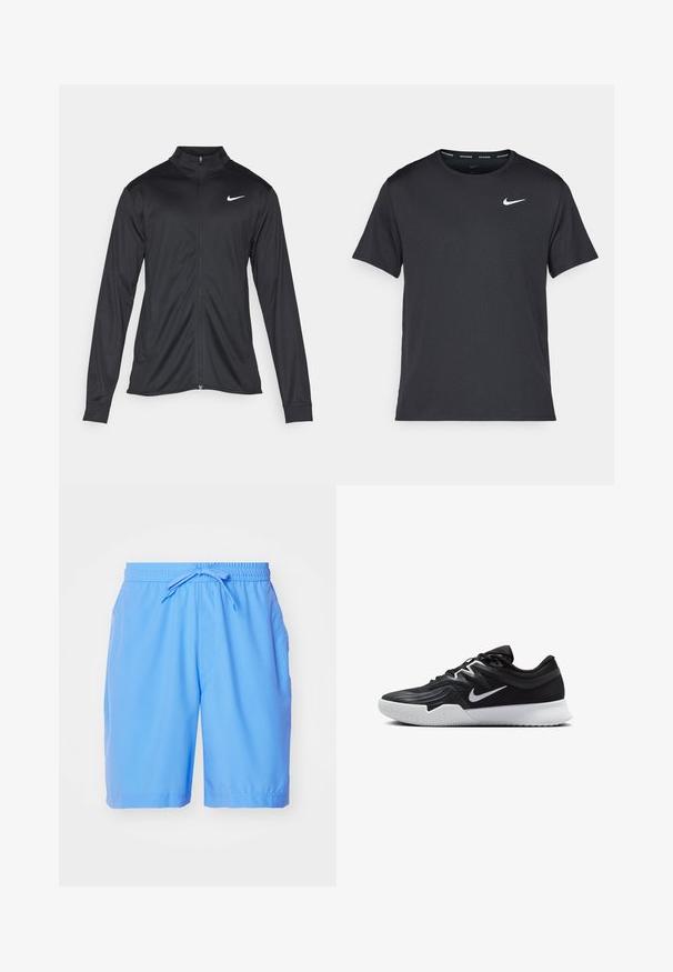 Must värvi sportlik jakk pikkade varrukatega, krae ja täispikk tõmblukk. Ülemises vasakus rinnas on diskreetne valge Nike logo. Sile tekstuur.; Mustamust Nike'i jooksupaita, mis on valmistatud kergest ja hingavast materjalist, lühikeste varrukatega ja mille rinnal on väike valge logo.; Heledad sinine ujumispüksid, mis on valmistatud siledast kangast, pa elastse vöökoha ja nööriga ning külgpocketitega.; Must mustad jalanikesad rikaste ülaservaga, valge Nike swoosh'i ja valge kummist välispõhjaga. Omab paeltega sulgemisdetaili ja dünaamilist kuju.