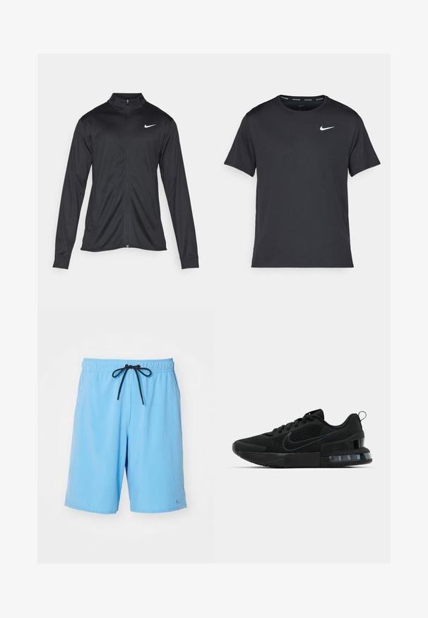 Črna atletska jakna z dolgimi rokavi, ovratnikom in polnim zadrgo. Vključuje diskreten bel Nike logotip na zgornjem levem delu prsnega koša. Gladka tekstura.; Črna tekaška majica Nike, izdelana iz lahkega in zračnega materiala, z kratkimi rokavi in majhnim belim logotipom na prsih.; Svijetloplave kratke hlače od sintetičkog materijala, s elastičnim pojasom i crnim vezicom, te malim logotipom.; Črne atletske tenisice Nike z mrežno zgornjico, gumijastim podplatom, oblazinjenim ovratnikom in značilnim prozornim poudarkom na peti.