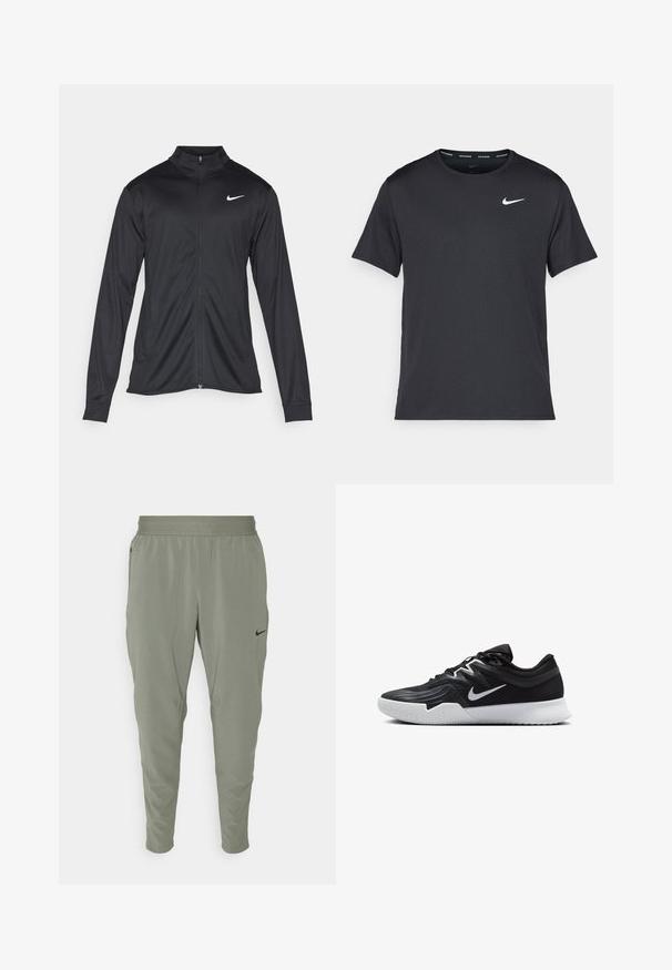 Black athletic jacket with long sleeves, collar, and full zipper. Features a subtle Nike logo in white on the upper left chest. Smooth texture.; Black Nike running T-shirt made of lightweight, breathable material, featuring short sleeves and a small white logo on the chest.; Nike athletic pants in light green, made of smooth fabric, featuring a tapered design, elastic waistband, and small black logo.; Black athletic shoe with a textured upper, white Nike swoosh, and a white rubber outsole. Features a lace-up design and dynamic shape.